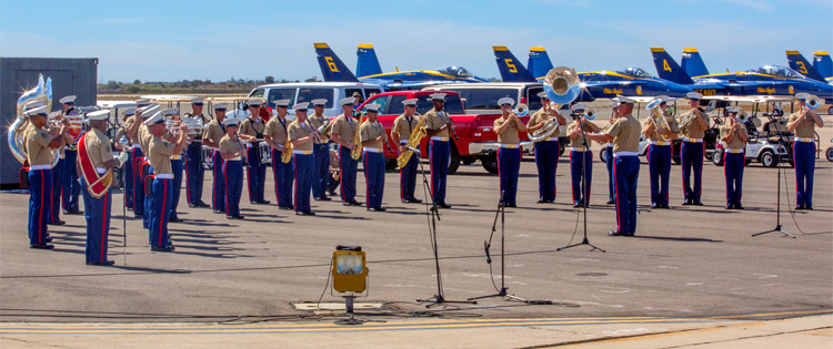 USMC 3rd Marines Aircraft Wing Band and US Navy Blue Angels at 2014 Miramar Air Show, Marine Corps Air Station Miramar, San Diego, CA