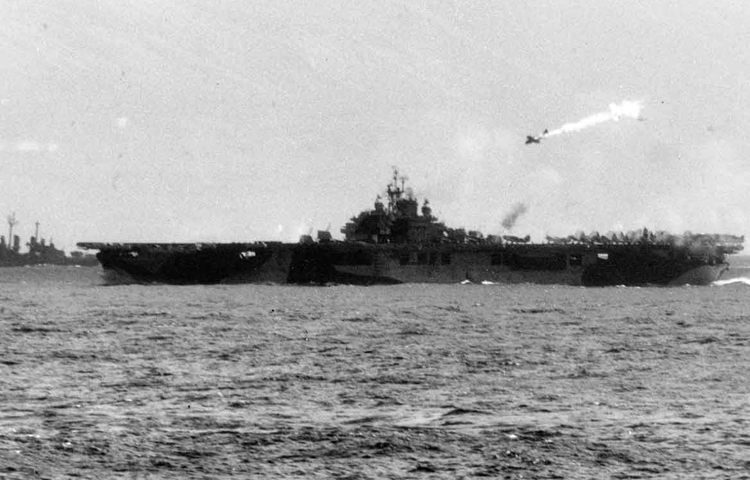 November 25, 1944 Aircraft Carrier USS Essex CV-9 Hit by Imperial Japanese Kamikaze Aircraft off Coast of Philippines